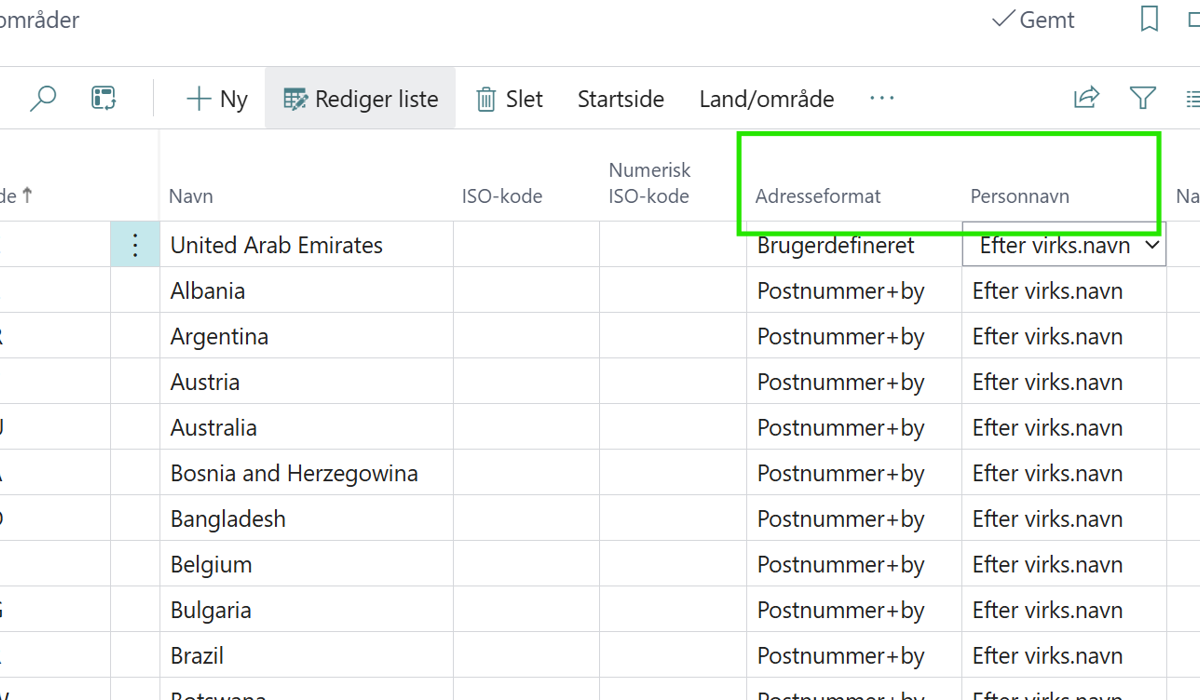 Adresseformatering via Land/Område i Business Central 