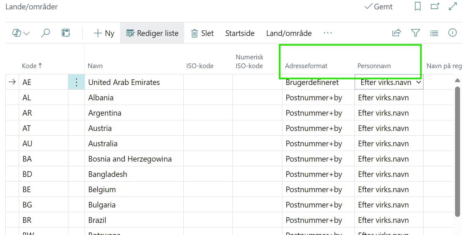 Adresseformatering via Land/Område i Business Central 