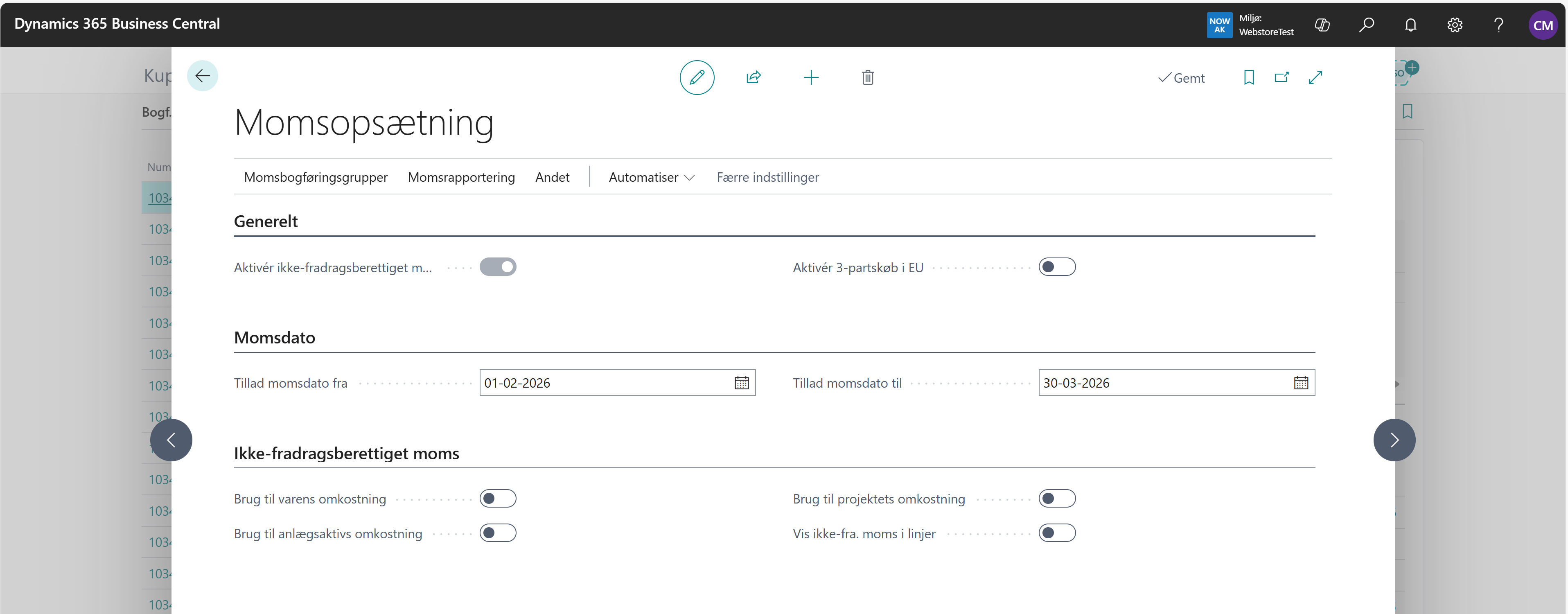 Momsopsætning i Business Central