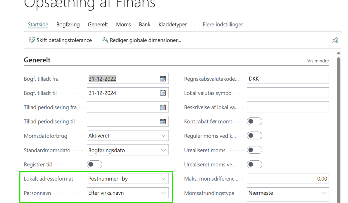 opsætning af finans i Business Central