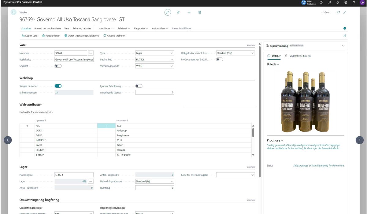 Varekort Webstore fra Business Central