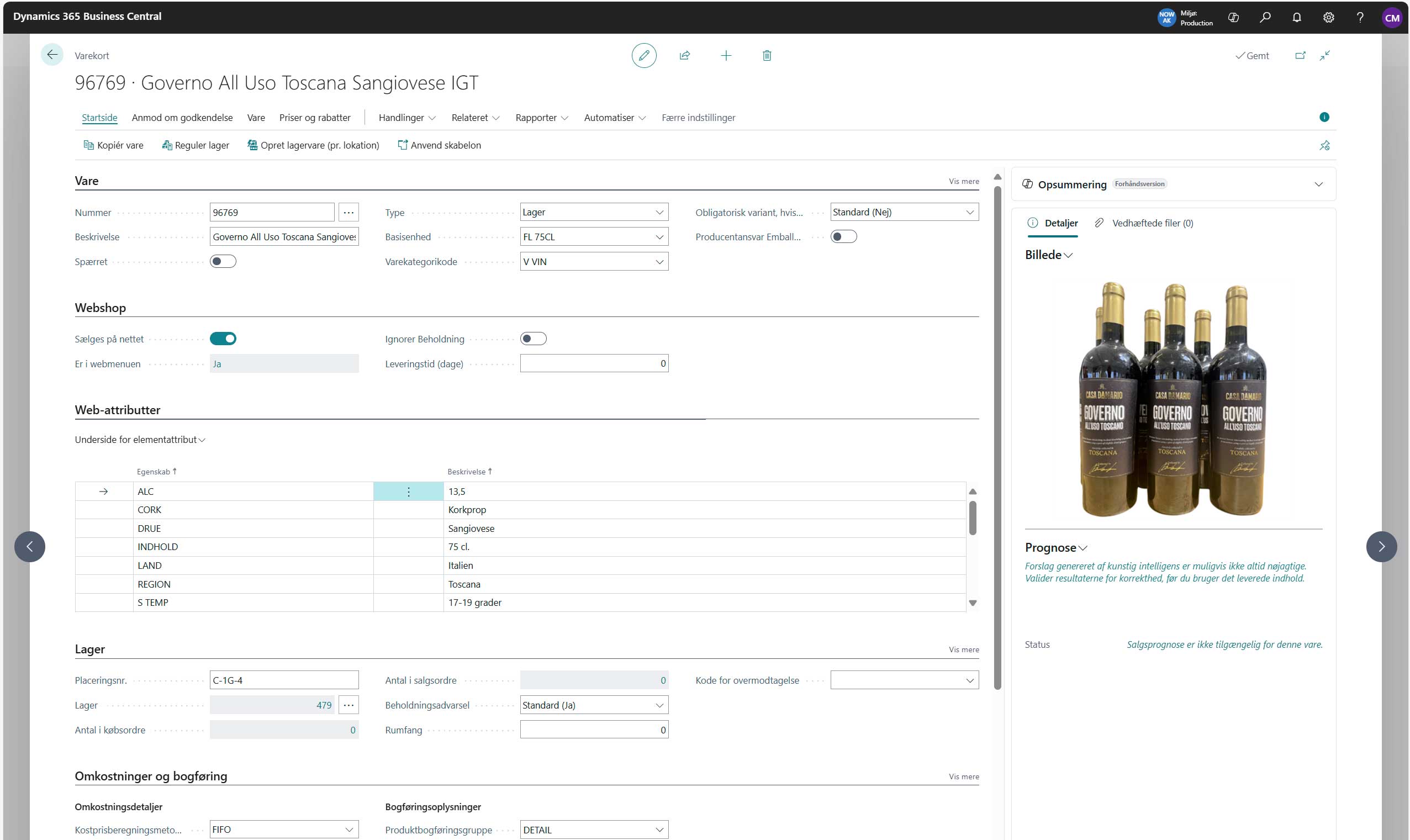 Varekort Webstore fra Business Central