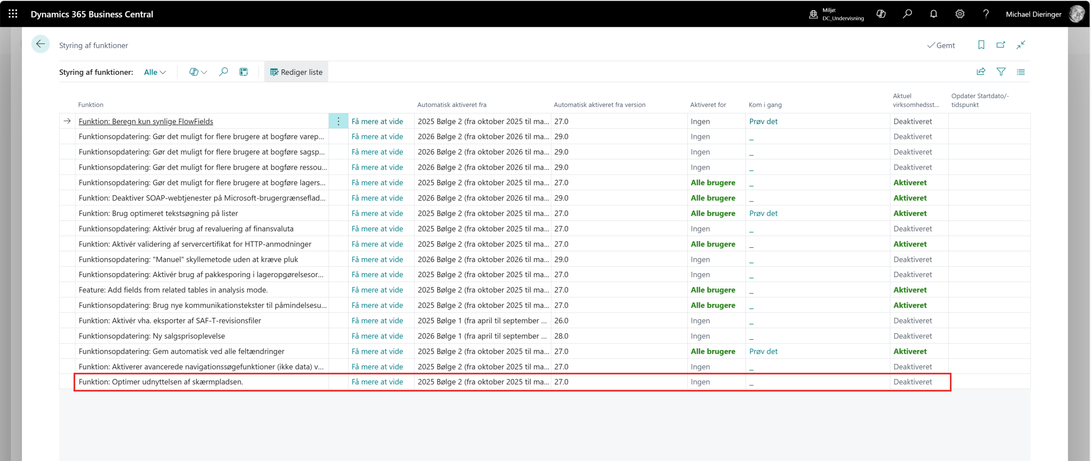 Styring af funktioner