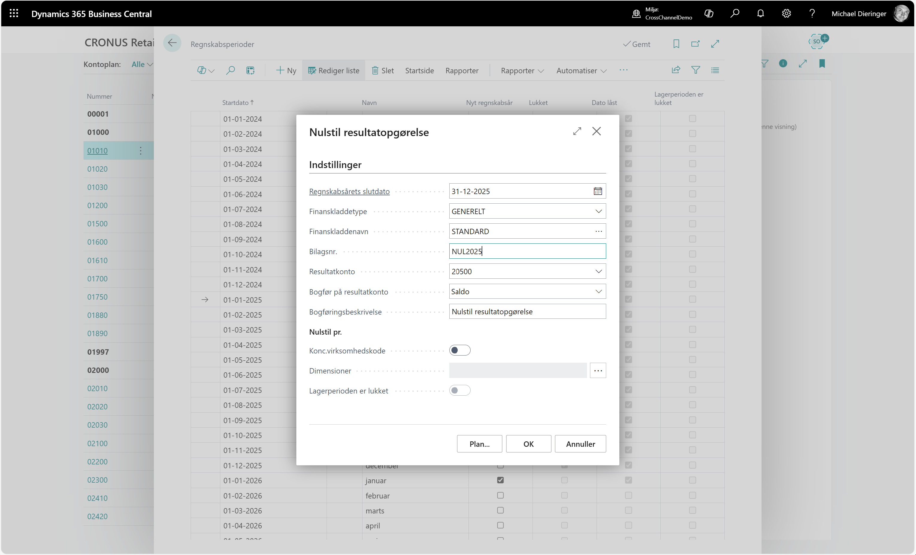 Nulstil resultatopgørelse i Business Central