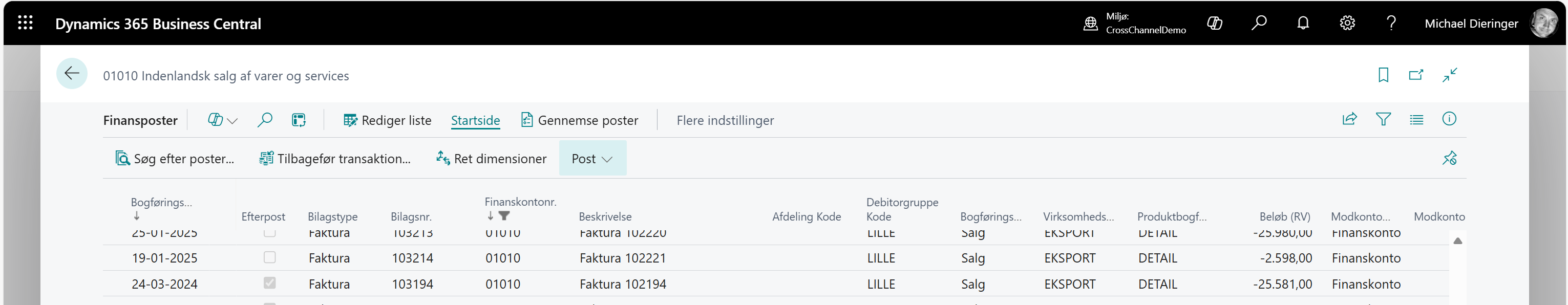 Markering af efterposteringer i Business Central